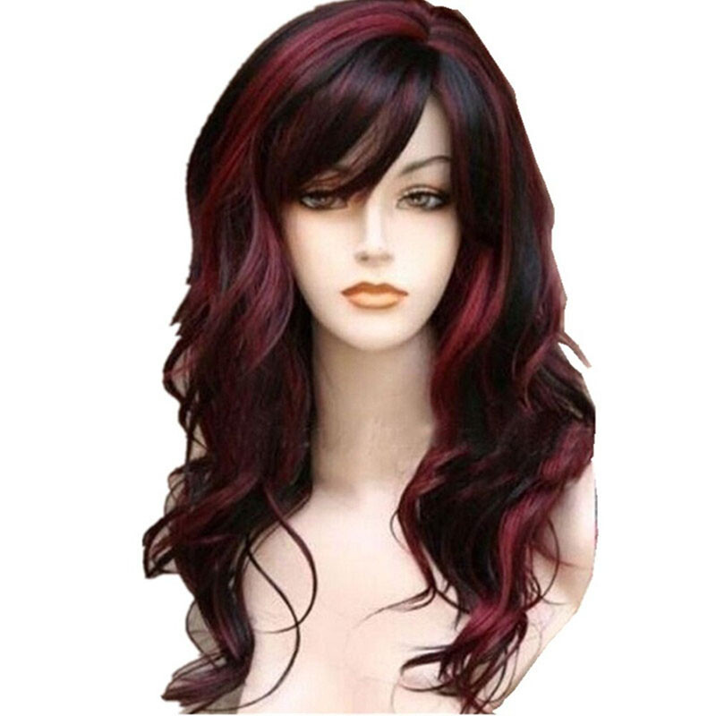 New Wigs for women with Bangs Long Wavy Blonde Balayage Red Black Synthetic Hair