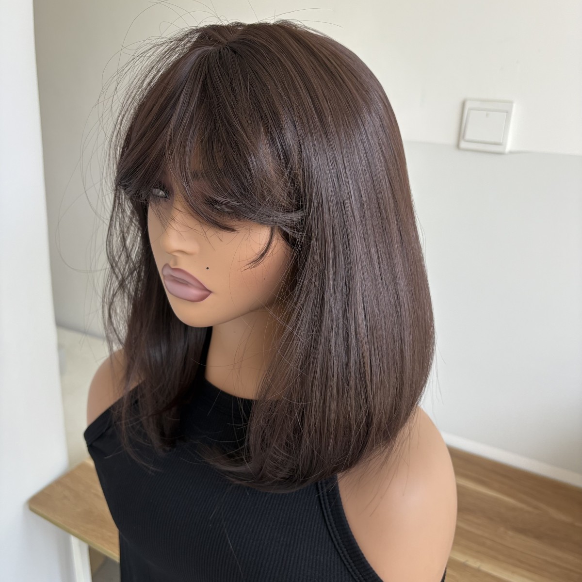 Heat Resistant Synthetic Hair Dark brown Bob Straight Dress Up Wigs With Bangs
