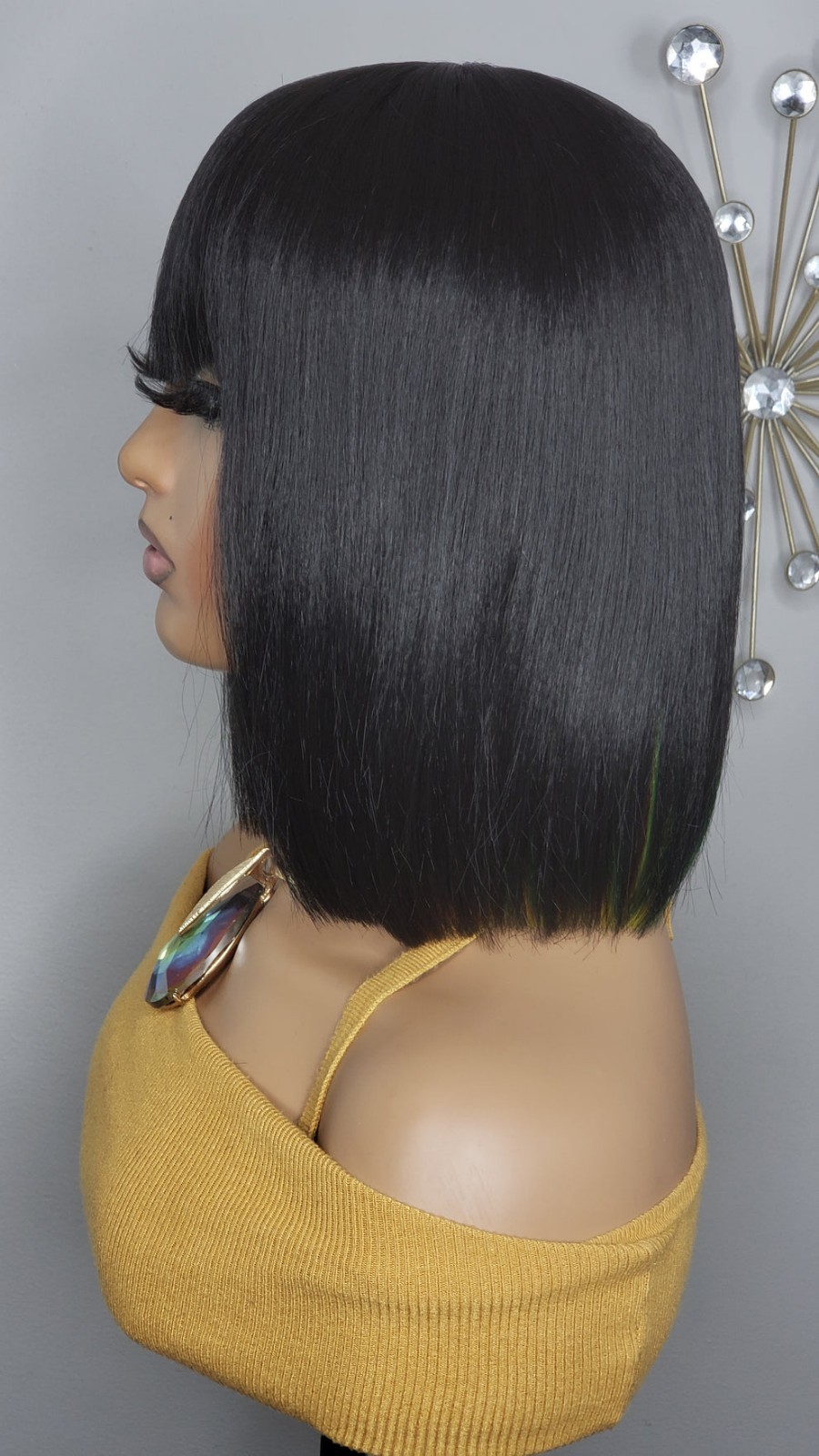 New Short Human Hair Blend Straight Bob Wrap Style Full Cap Wig Black Rainbow