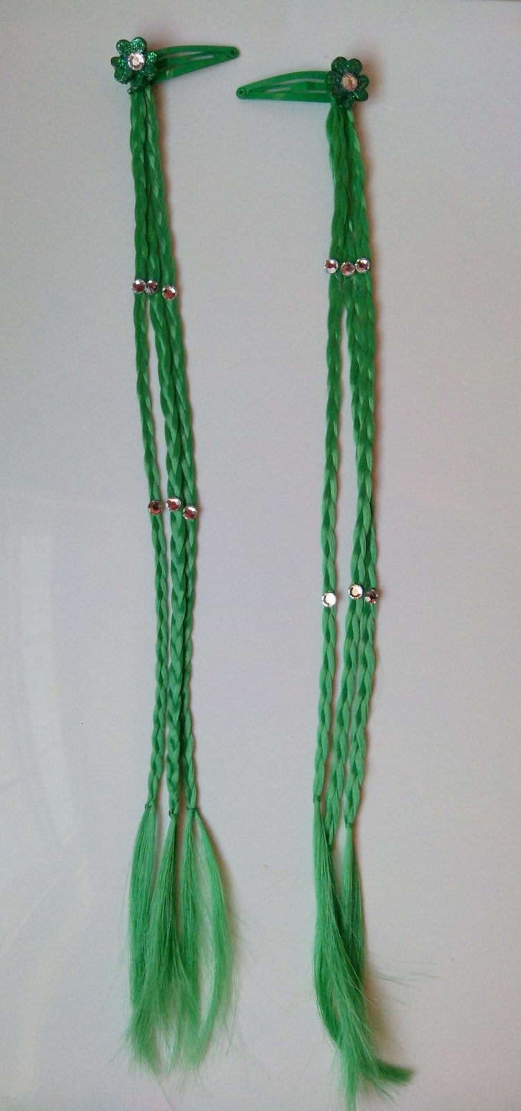 Pair Of Green Braided Girls Hair Extensions With Rhinestones Shamrock Hair Clip
