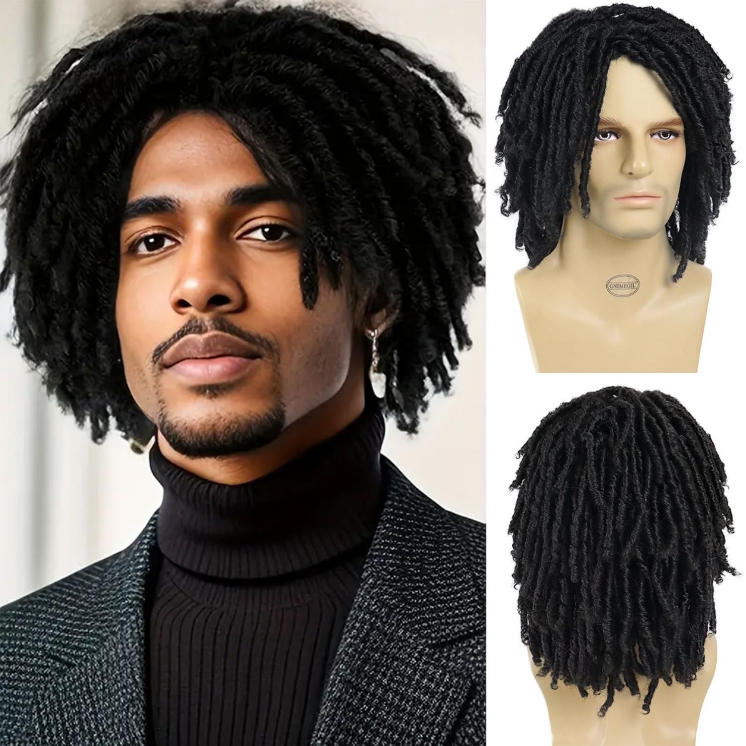 GNIMEGIL Short Braided Wigs for Man Afro Bob Black Crochet Twist Hair Dreadlocks