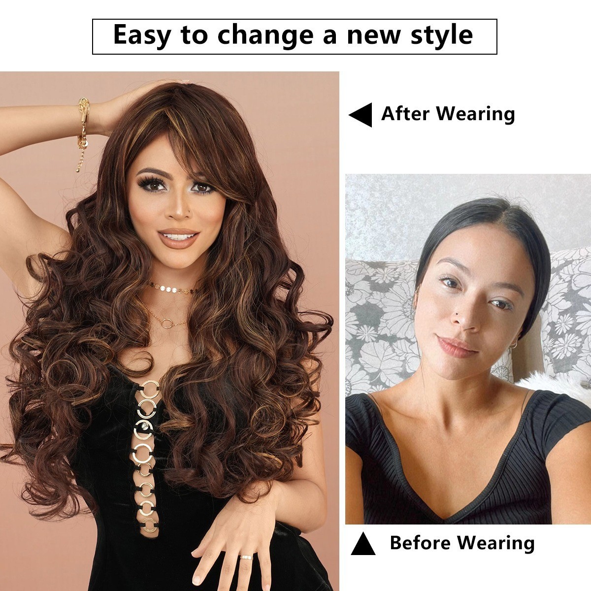 Long wavy red-brown bleached blonde side-parted curly hair wig fluffy