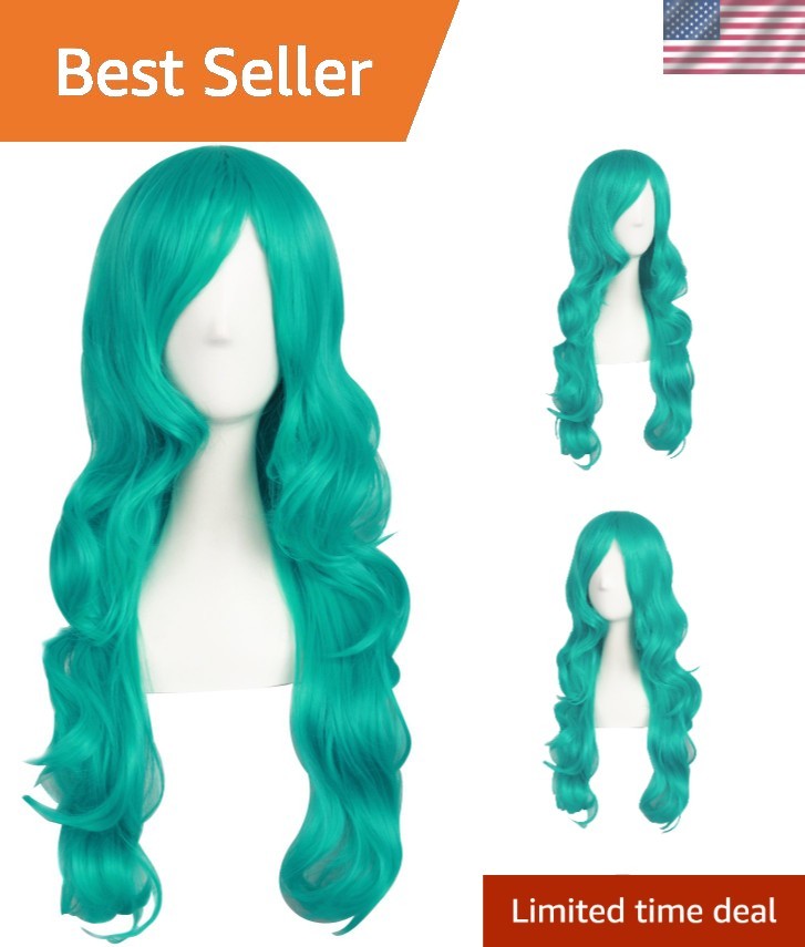 Charming 60cm Synthetic Fiber Wig in Shiny Dark Teal Green for Parties & Cosplay