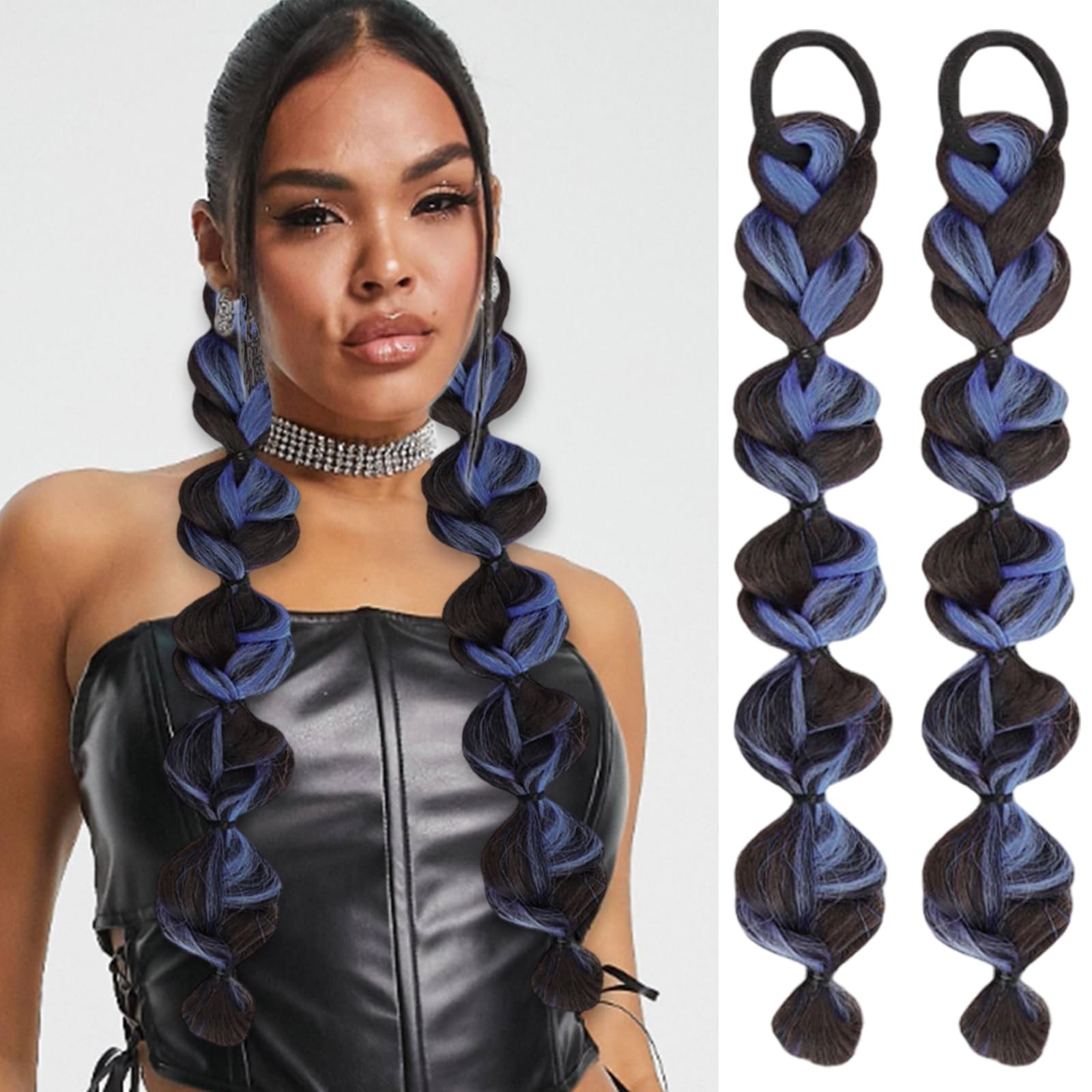 Braided Ponytail Extension with Hair Tie 2 Pcs Blue and Black Bubble Wrap Aro…