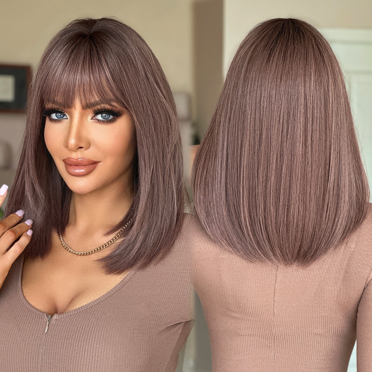 Pink Purple Straight Wig with Bangs Heat-Resistant Layered Synthetic Hair 17″
