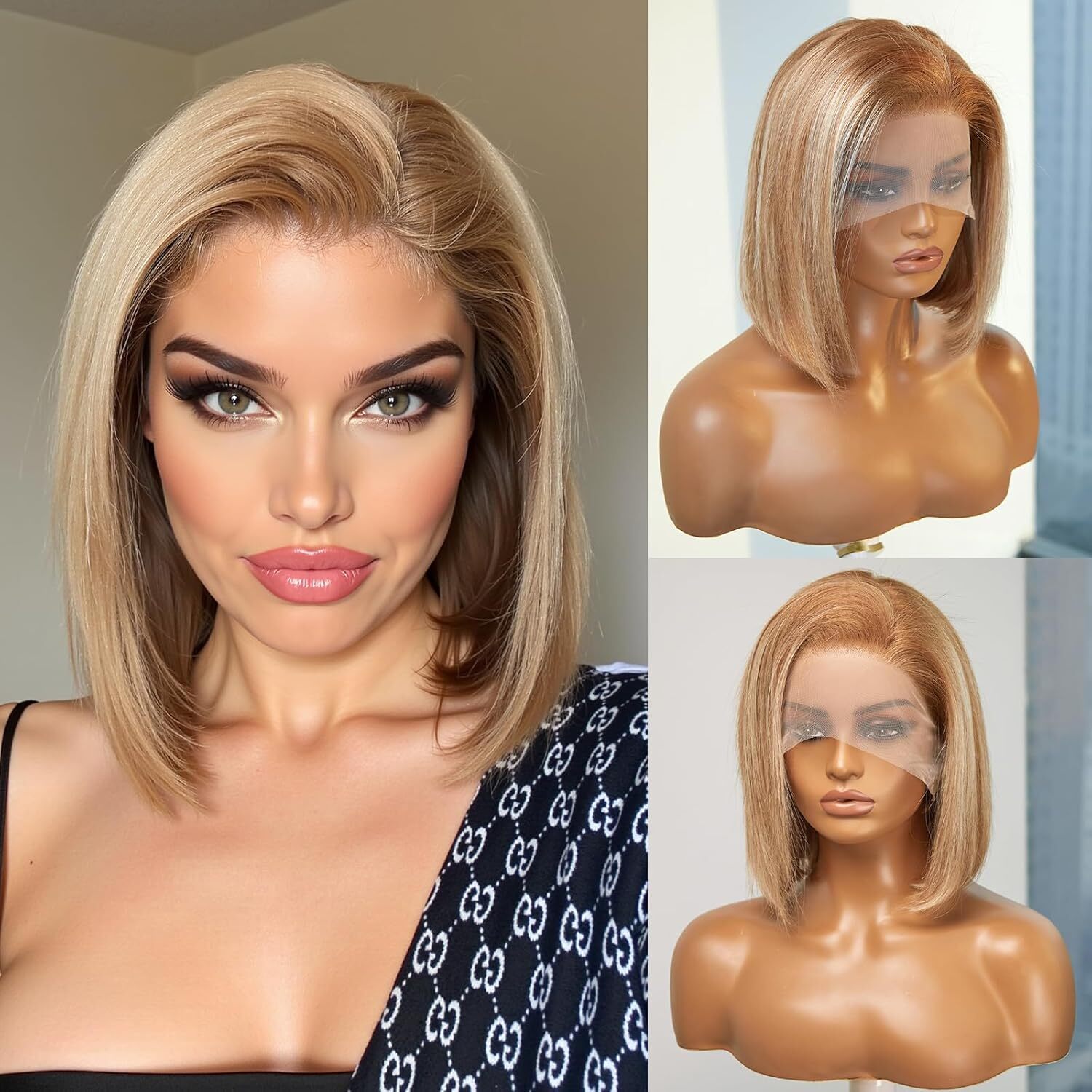 Brown Mixed Blonde Human Hair for Women Straight 13×4 Lace Front Wig