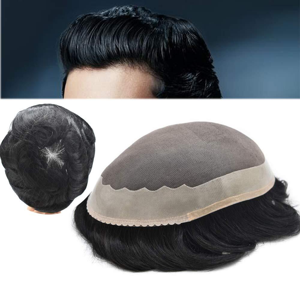 Fine Mono Mens Toupee Hairpiece Human Hair Replacement Poly Around Hair Systems