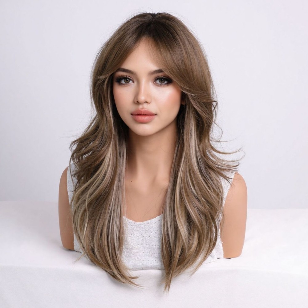 21in Brown to Blonde Ombre Wavy Layered Wig Center Part Heat Resistant Full Cap