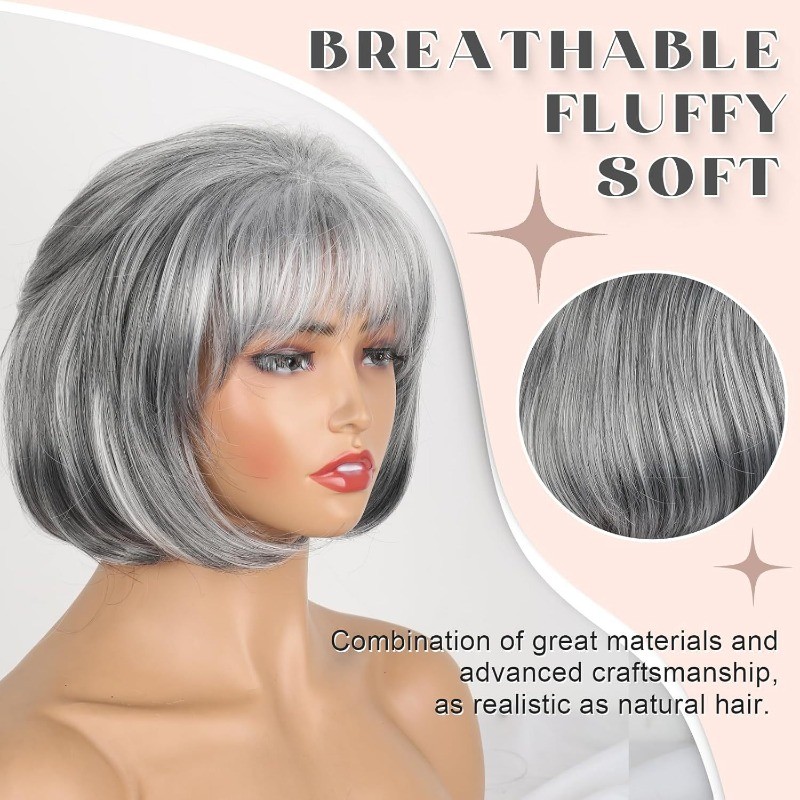 Womens Grey Wig Gray Layered Short Beanie Hairpiece Universal Brown Cosplay Wigs