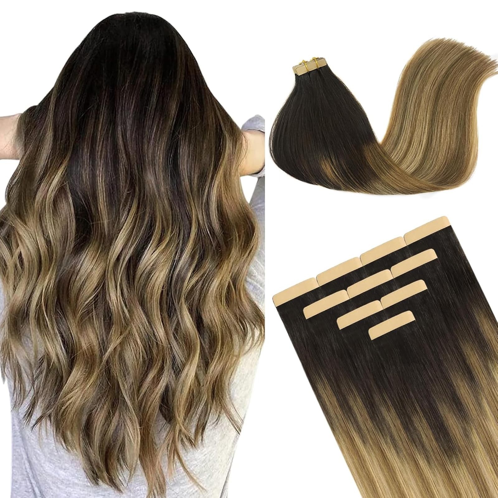 DOORES 10″ Dark Brown to Dirty Blonde Remy Tape-in Human Hair Extensions 20g