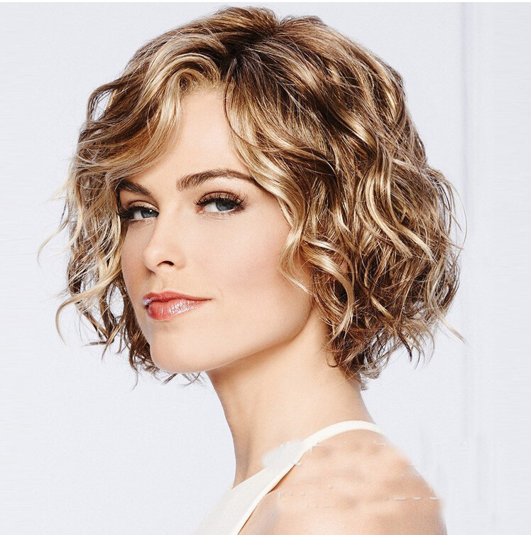 Blonde Gold Brown Short Natural Wavy Curly Blonde Wig Women’s Synthetic Hair