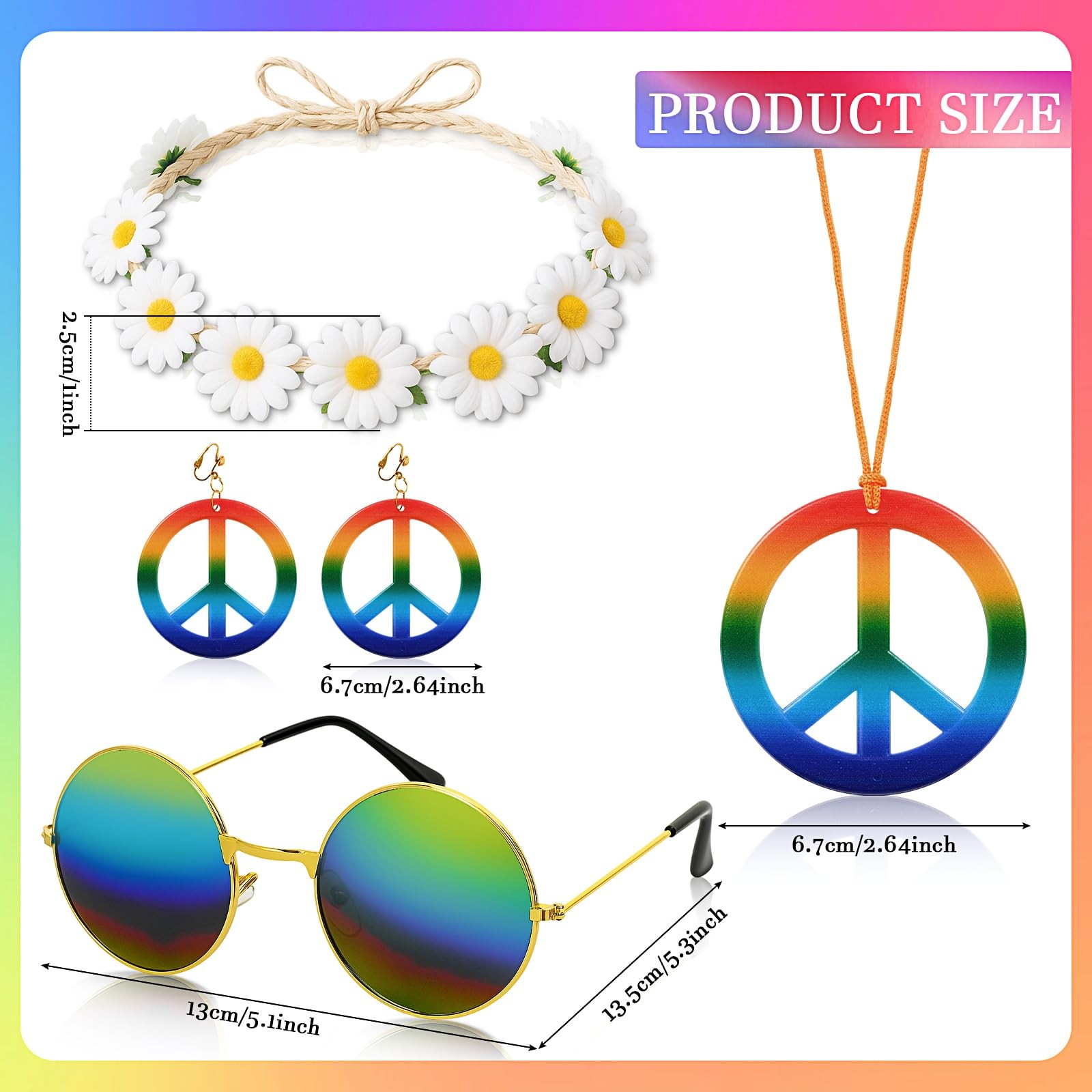 9 Pcs Hippie Costume Accessories Set, Bandana Peace Sign Earrings Necklace Gl…