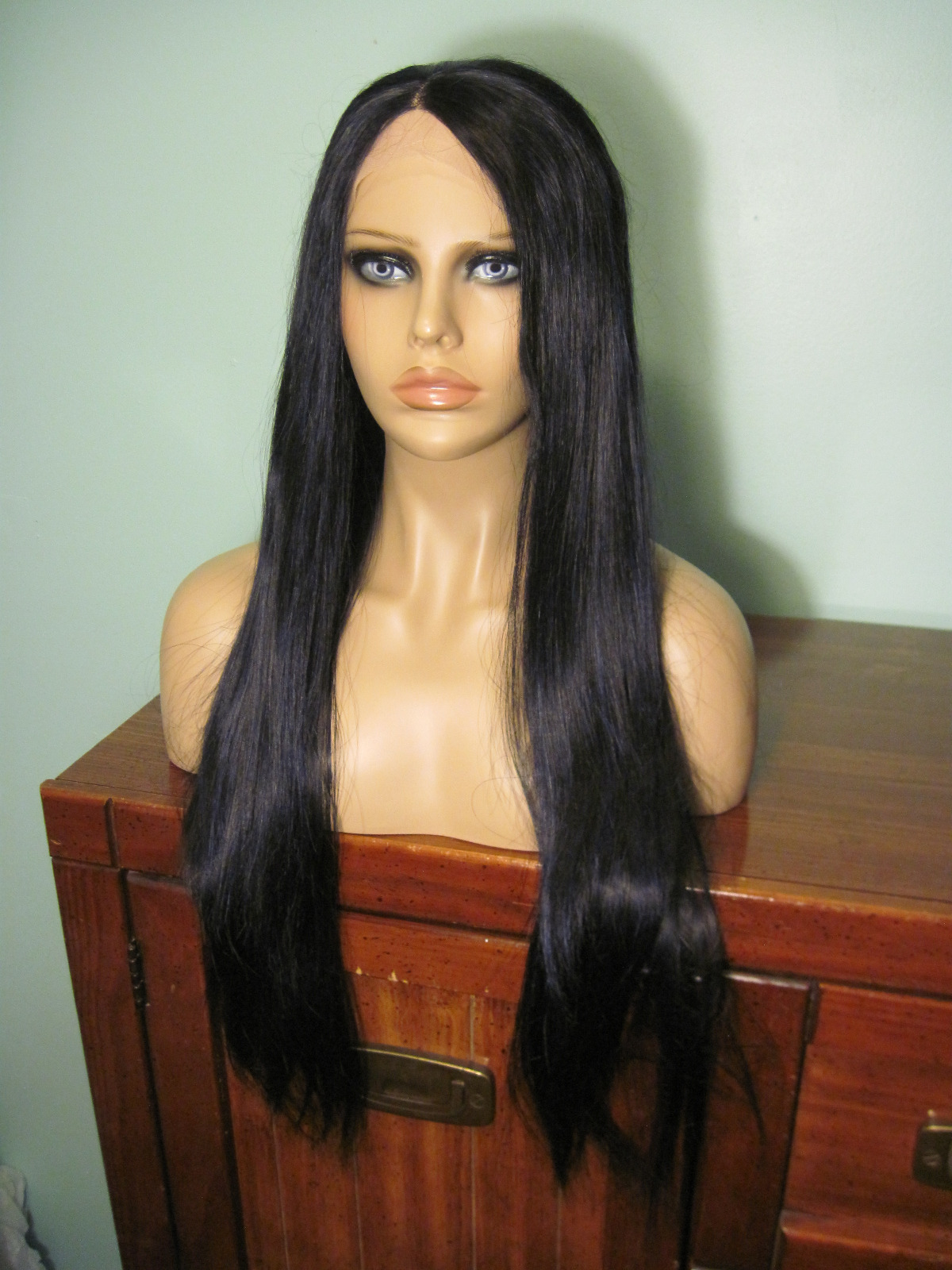 30″ straight, long, black lace front hand tied wig – Vamp – purple highlights
