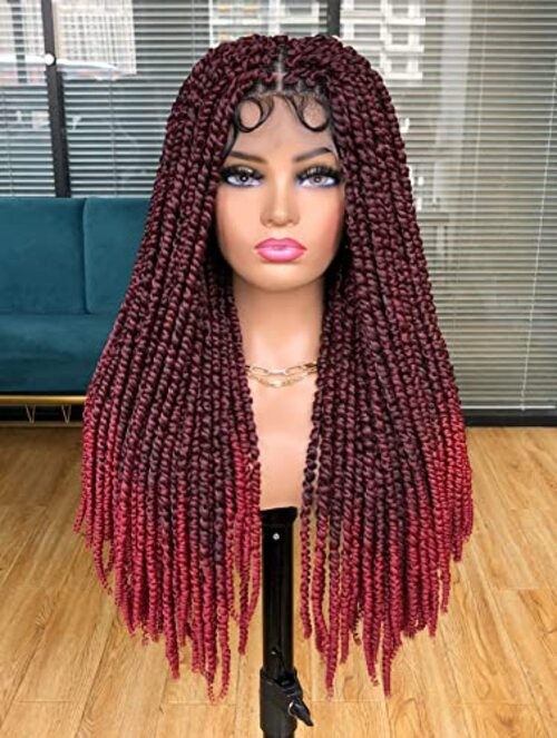Passion Twist braided Wigs for Black Women Full Lace knotless Ombre Burgundy