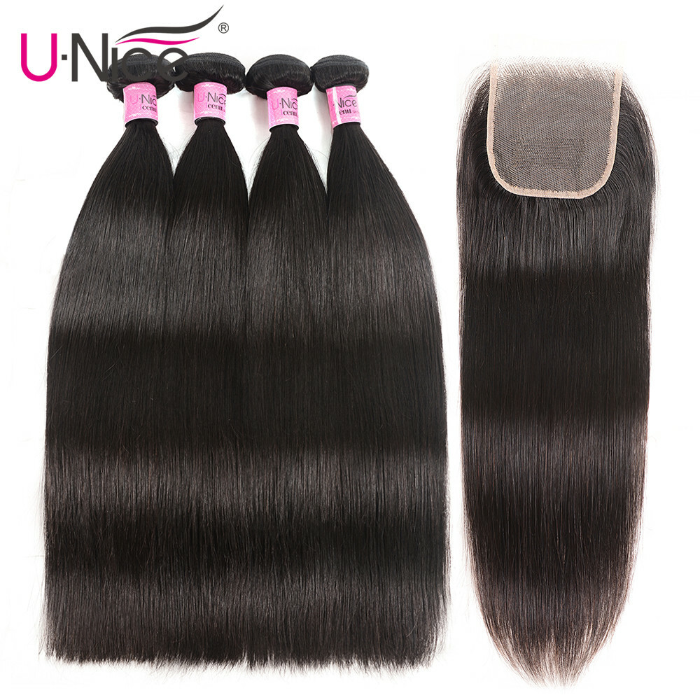 UNice Brazilian Straight Human Hair Extensions 4 Bundles Weave With Lace Closure