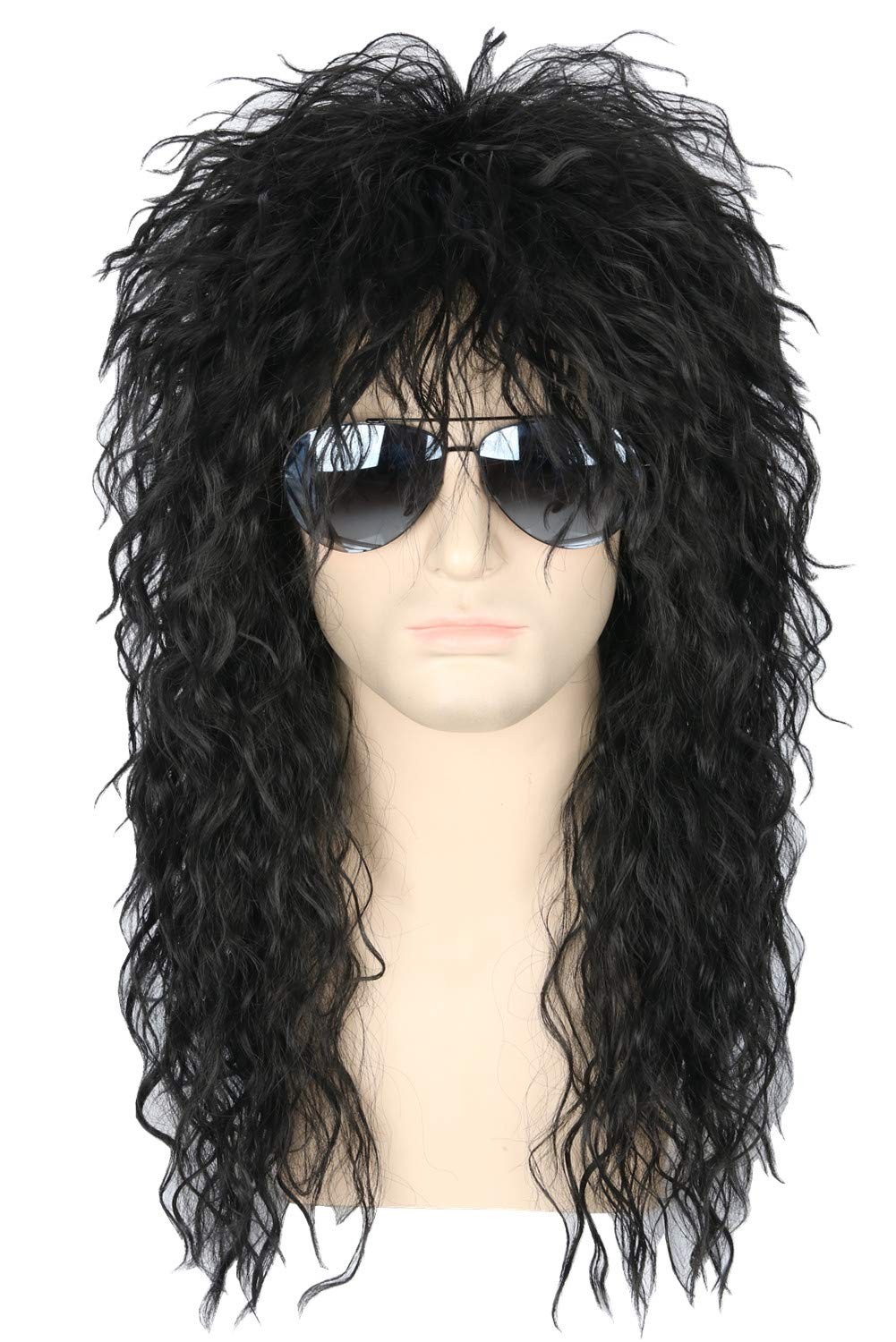 Men’s 80s Black Mullet Wigs Punk Heavy Metal Long Curly Rocker Male Hair Wig USA