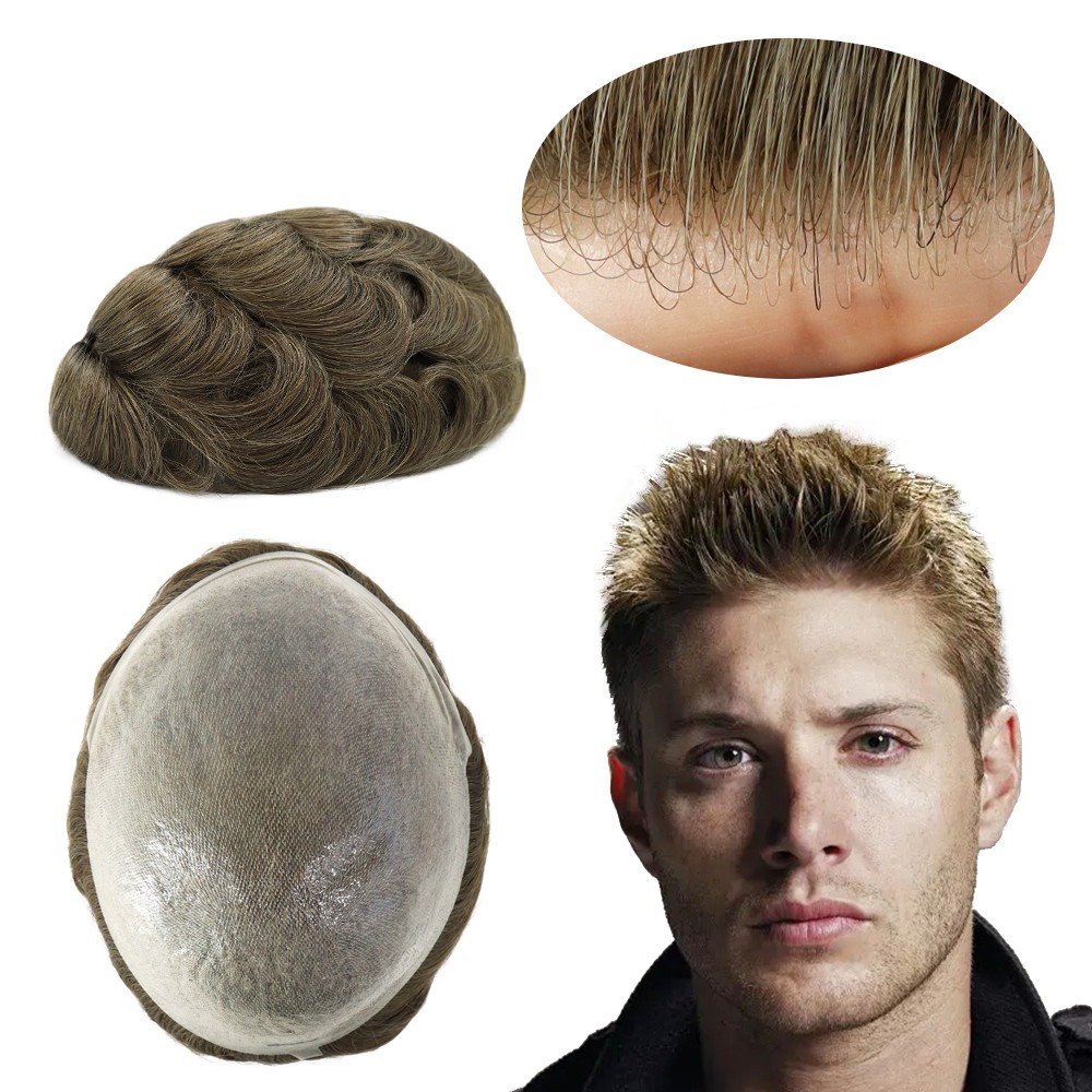 Mens Toupee Human Hair System Hairpiece 0.04 Thin Skin Dark Blonde Mirage#17