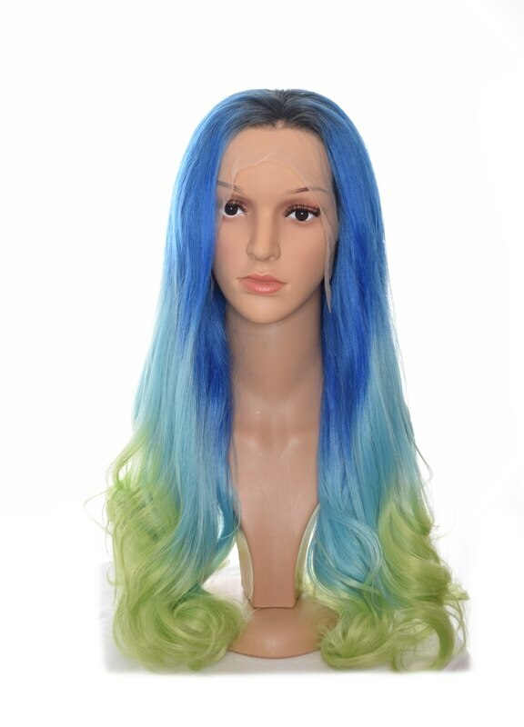 Long Wavy Aqua Marine Blue Green Ombre Lace Front Mermaid Wig. Centre Part.