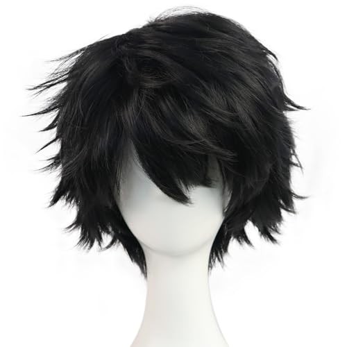 +Hair Cap Short Messy Wig for Men Short Messy Wig Synthetic Anime Hair Black