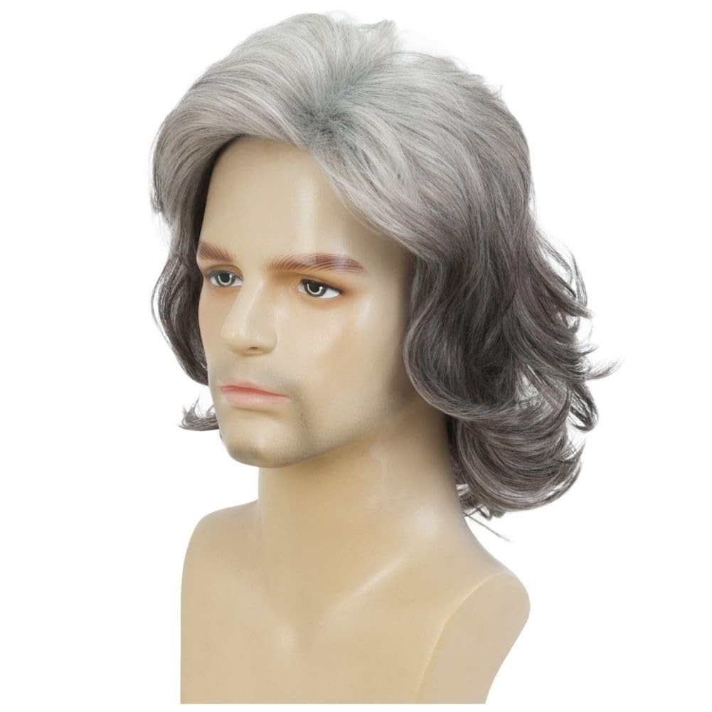 Mens Grey Short Layered Middle Part Heat Resistant Fibre Daily Cosplay Wig