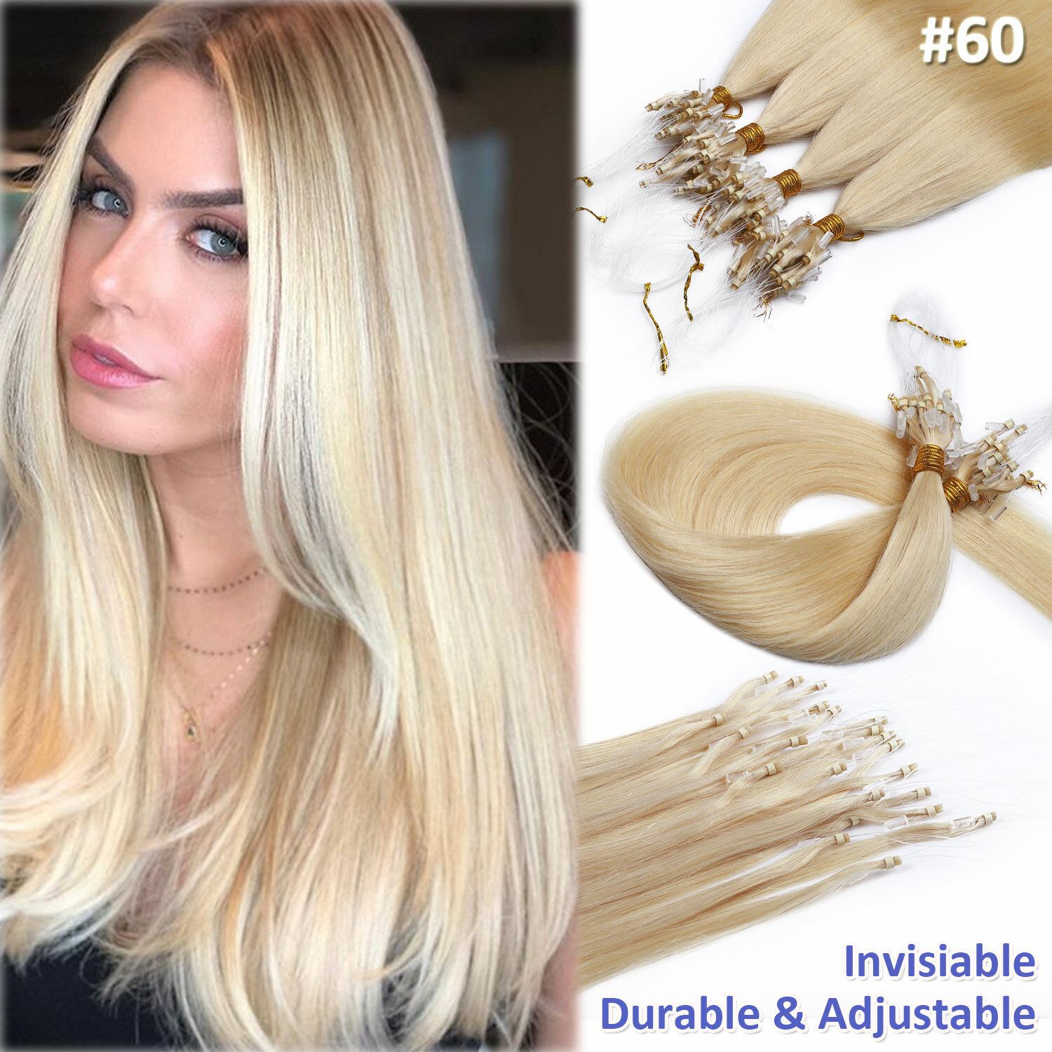 US Micro Ring Loop Tip Remy Human Hair Extensions Silky Straight Micro Bead Link