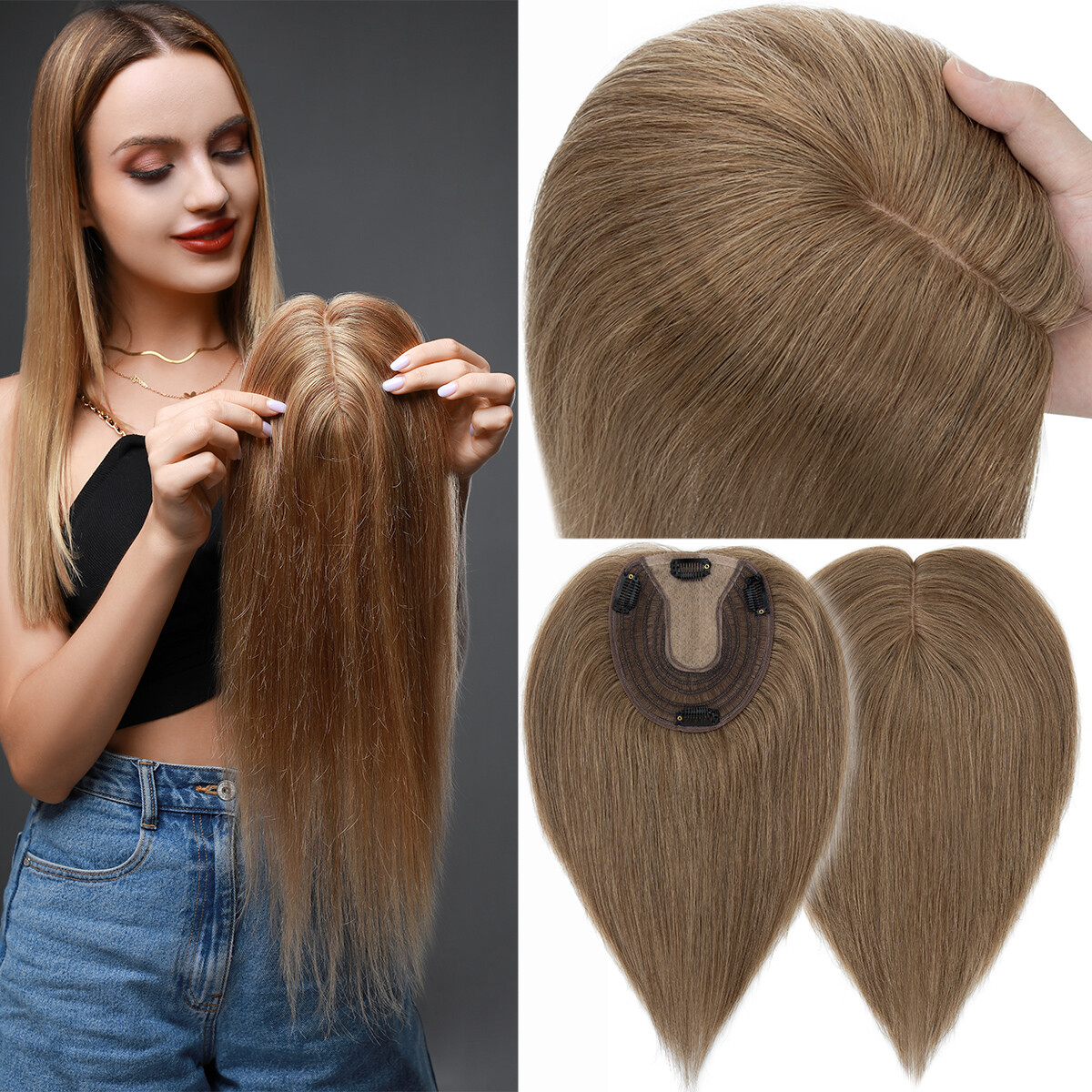 Top Topper Toupee Clip In Remy 100% Human Hair Silk Base Wiglet THICK Piece Weft