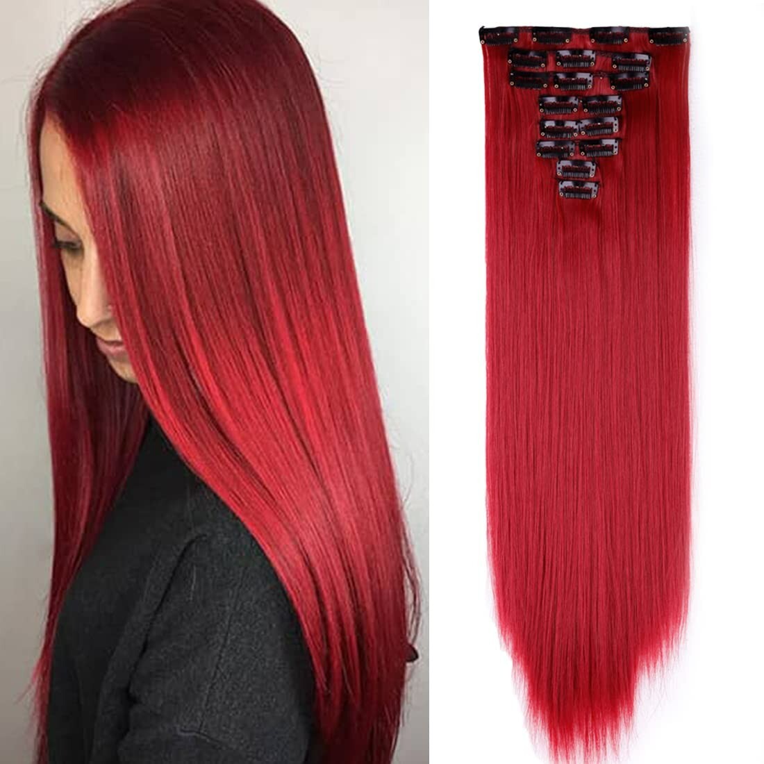 S-noilite 26″ Long Straight Full Head Clip in Hair Extensions 8 Pieces Dark Red