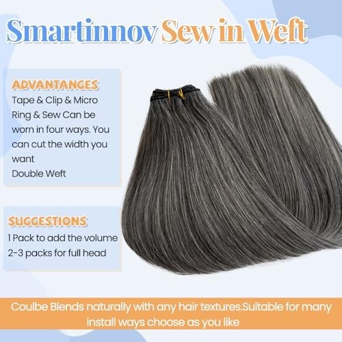 Weft Hair Extensions 18 Inch Straight Real Remy Human Hair Salt and Pepper Sew