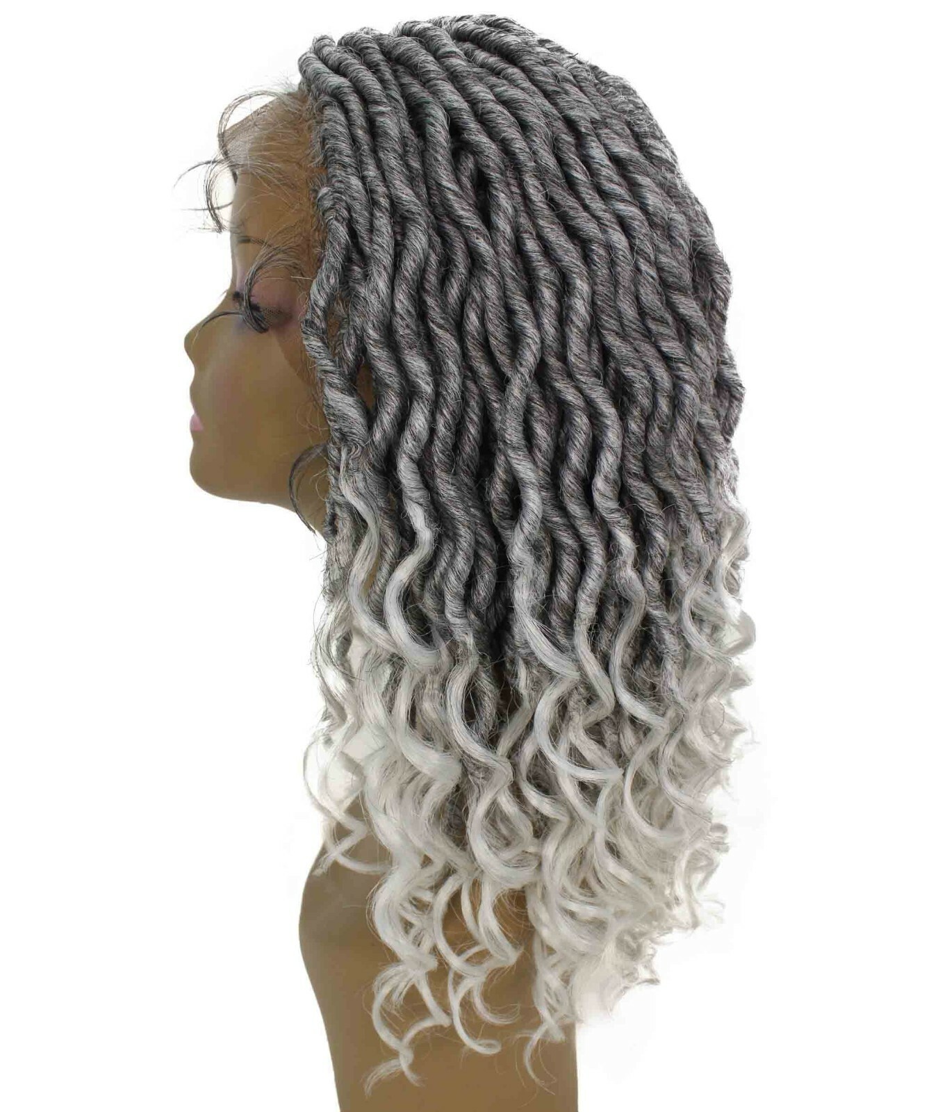 LUXLUXE Andrea 4×4 Curly Long 4X4 Hand Tied Lace Braid Black To White Ombre Wig