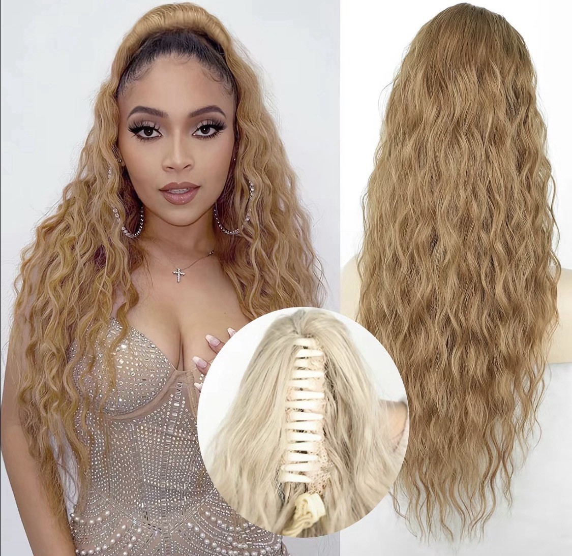 B🌷26in Wave Drawstring Ponytail Clip Hair Extensions Pony Tail Synthetic Cooper