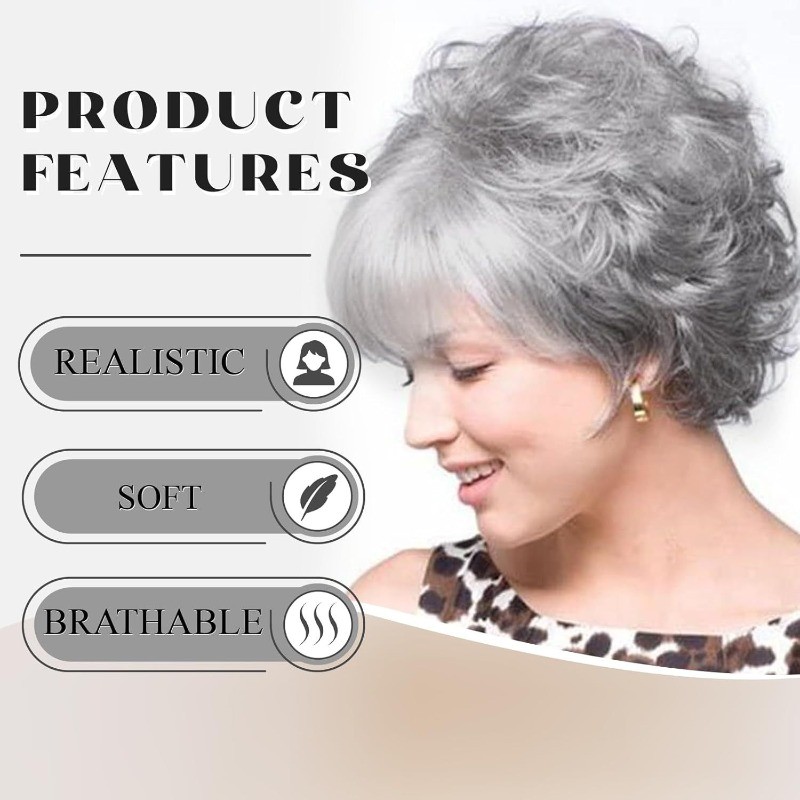 Women Grey Wig Gray Layered Short Beanie Hairpiece Universal Silver Cosplay Wigs