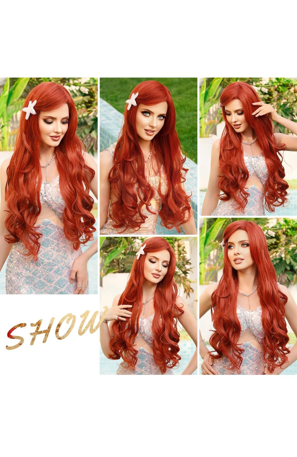 7JHH WIGS Long Wavy Costume Wigs Cosplay Ariel Mermaid 28in, Ginger Orange