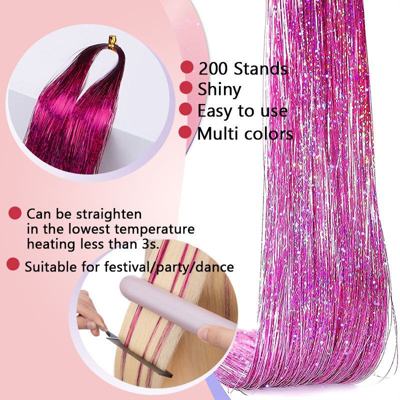 US Hair Tinsel Extension 12 Colors 47 Inch 200 Strands Fairy Holographic Sparkle