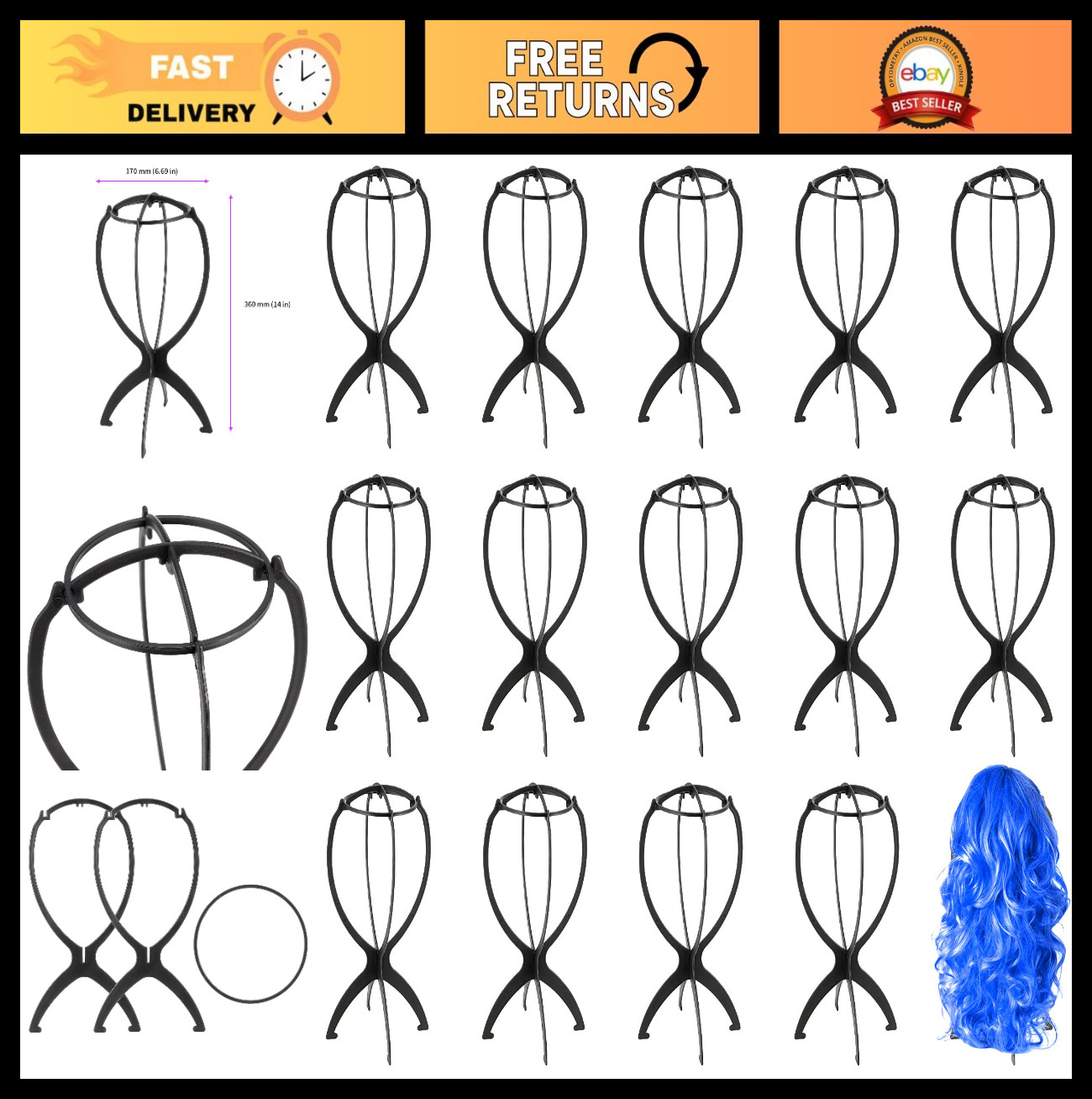 15 Pack 14.2″ Plastic Folding Wig Stand – Collapsible Portable Holder for Wigs &