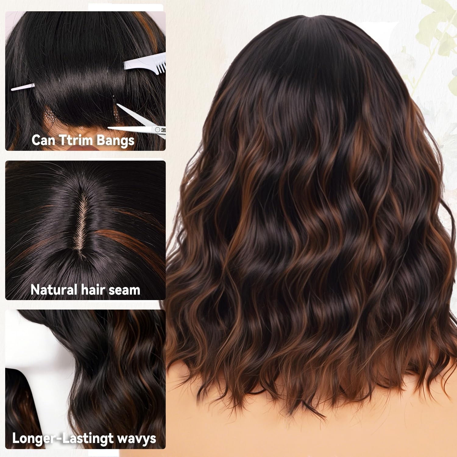 Black Mixed Brown Wig with Bangs Short Wavy Bob Wigs for Women Synthetic 14 Inch