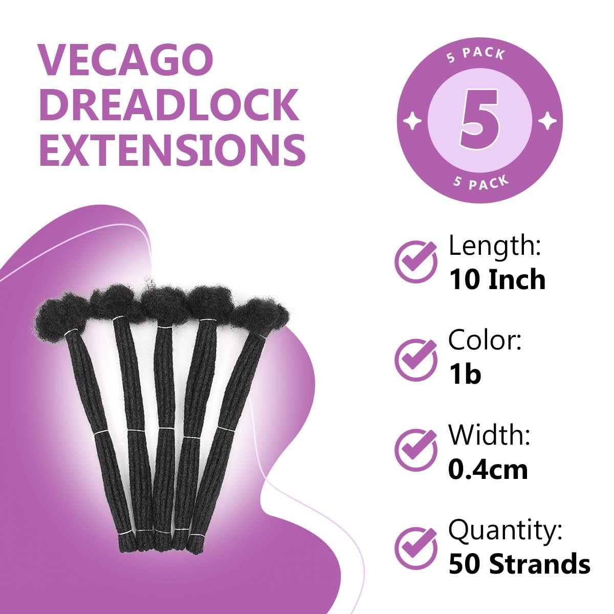 Vecago 10 inch 50 Strands Loc Extensions Human Hair, 0.4cm Width 10 Inch, 1b