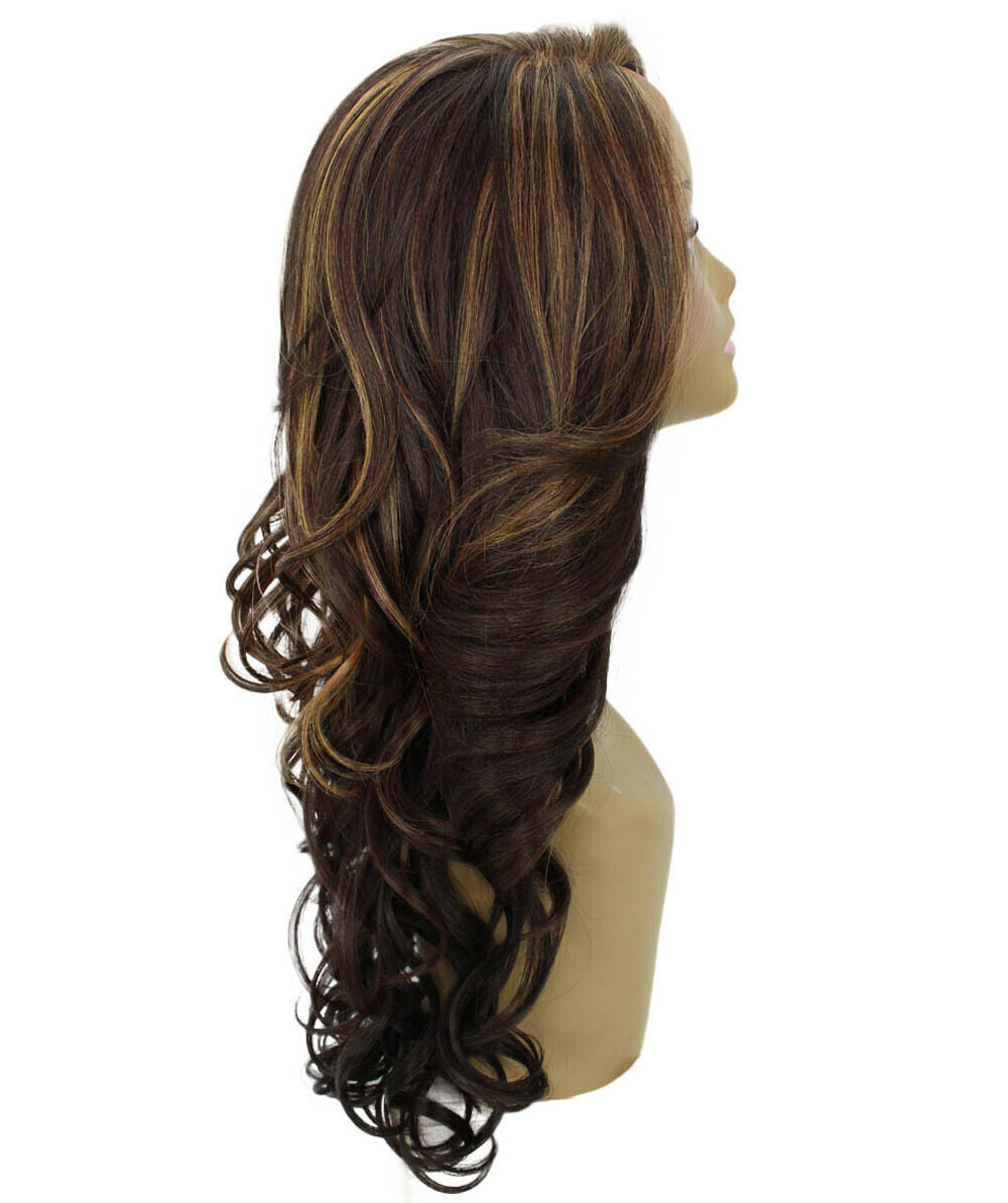 Kendra Wavy 24.5″ Long 13×2.5 Hand-Tied Lace Front Wig , Caramel Brown Blend