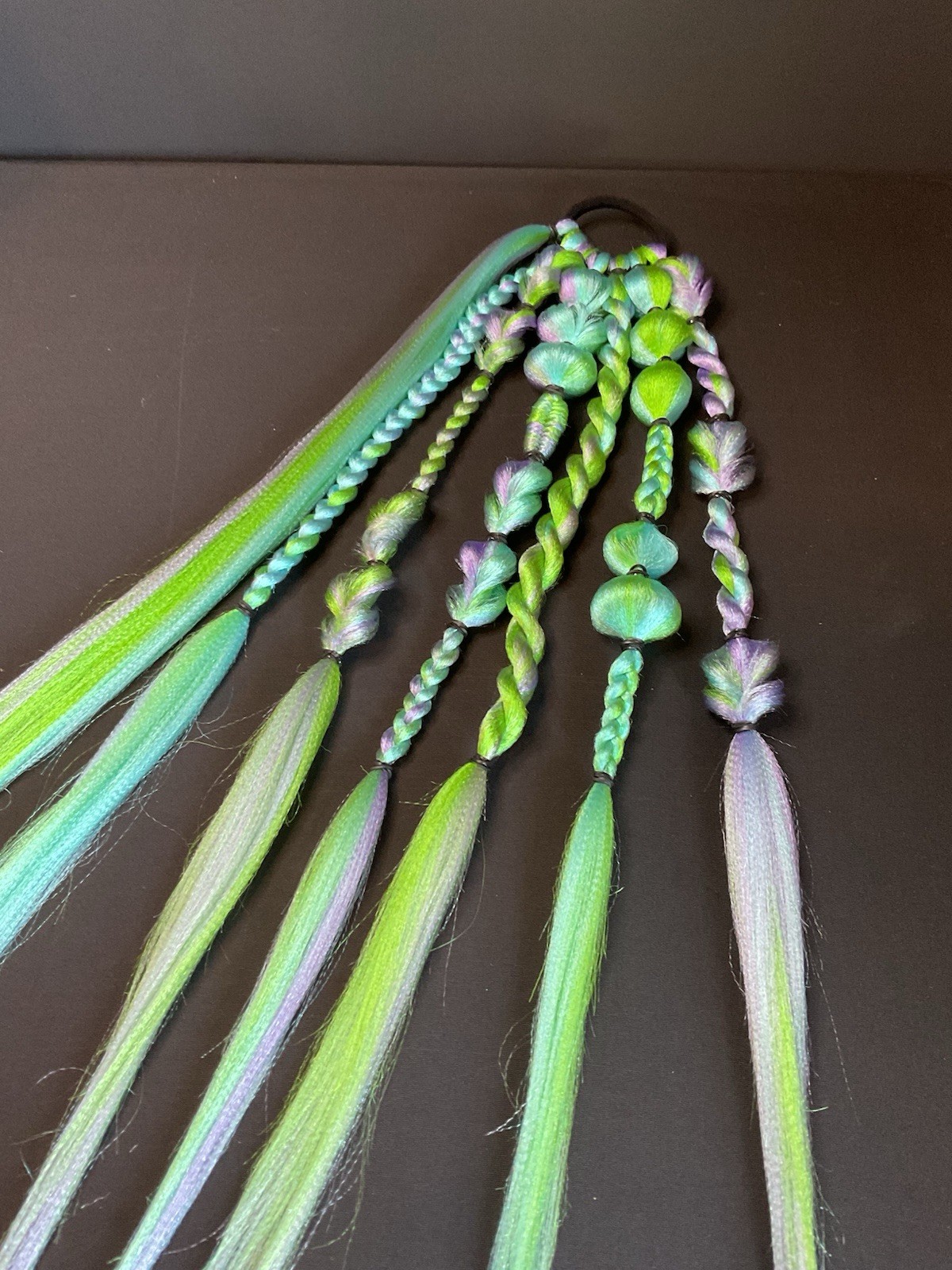 purple lime green blue- rave festival softball braided ponytail tie in extension