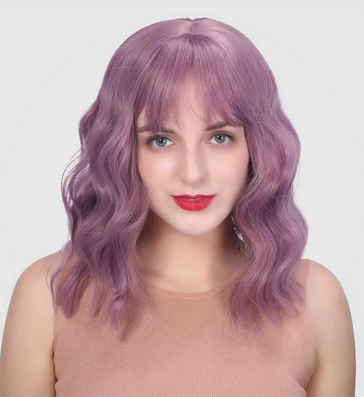 MORICA Curly Bob Wig with Bangs 12 inch Short Wavy Lilac Purple Wig – Cosplay