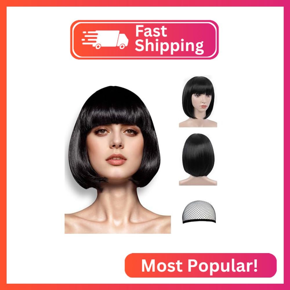 LIULIUBTY Black Bob Wig for Women, 10″ Heat Resistant Synthetic Hair, Straight B