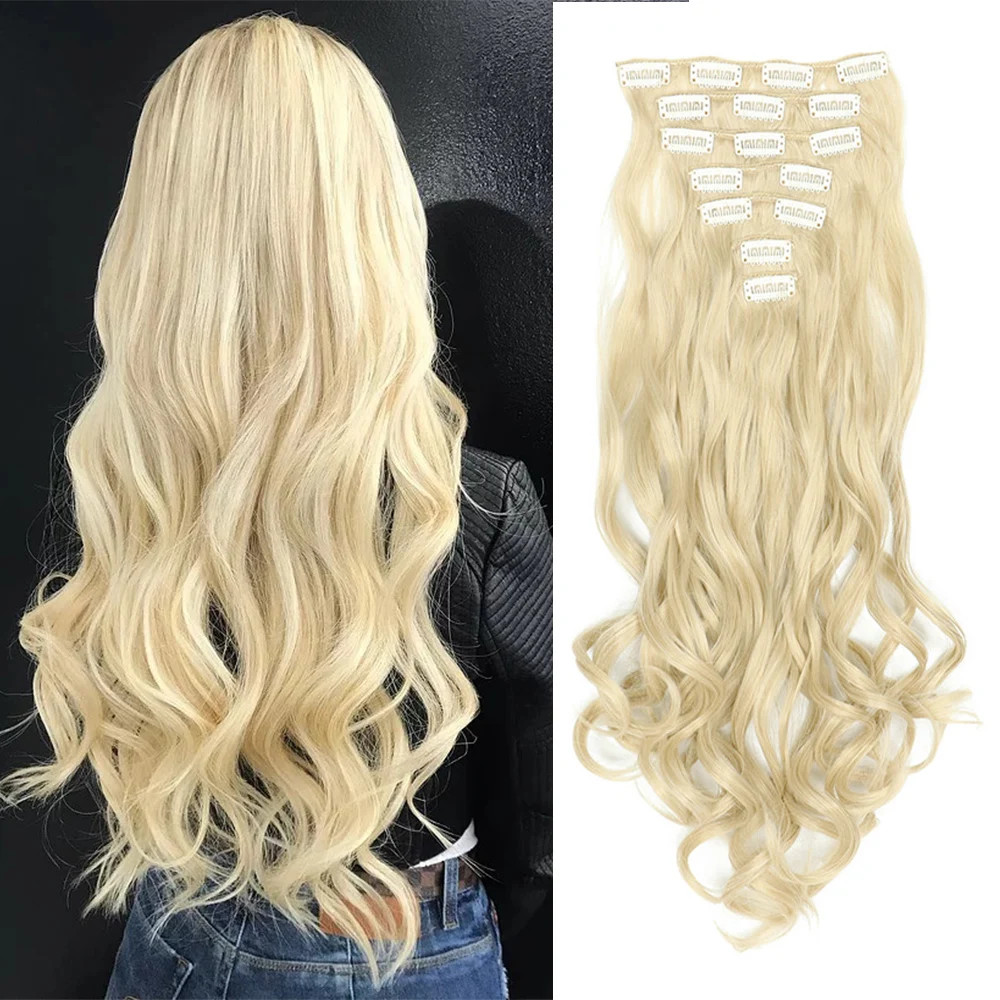 Curly Wavy Clip In Hair Extensions Full Head Synthetic Fake Hair Pieces For Girl