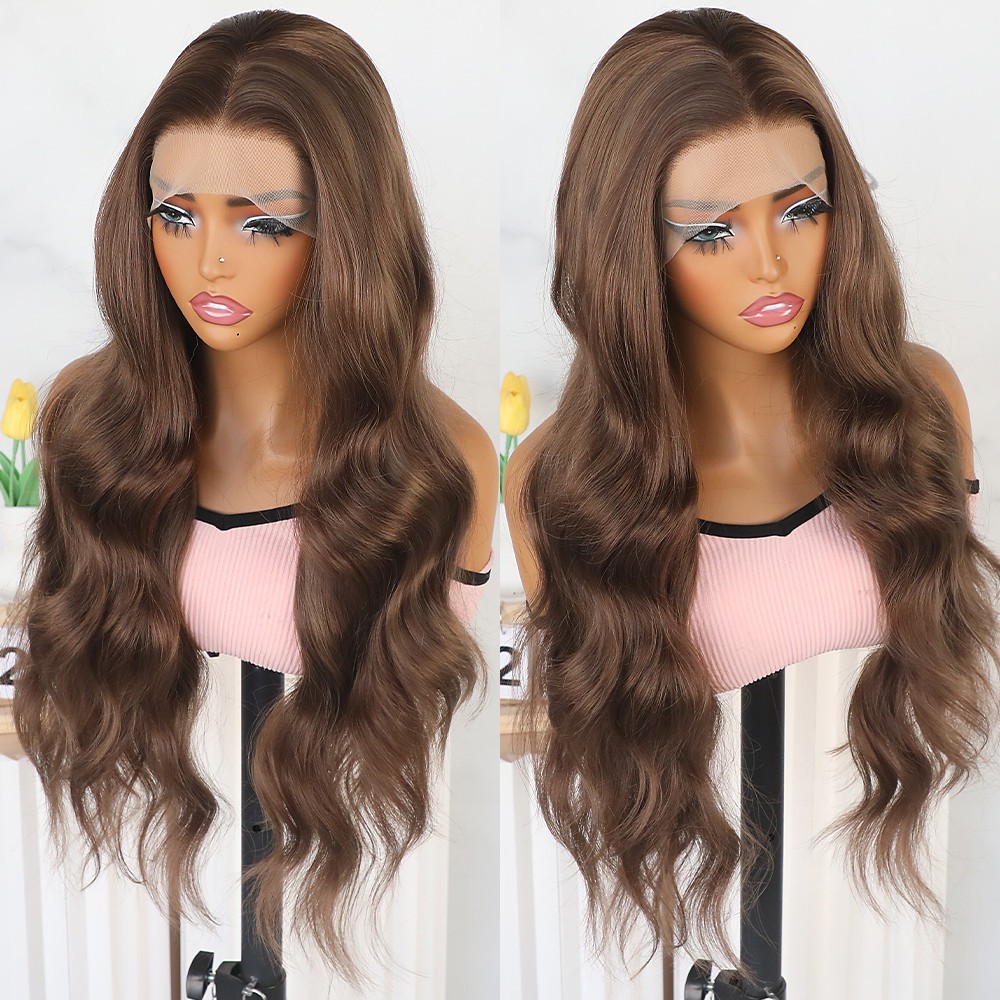 13×4 Heat Resistant Long Natural Wavy Brown Hair Glueless Frontal Lace Wigs Soft