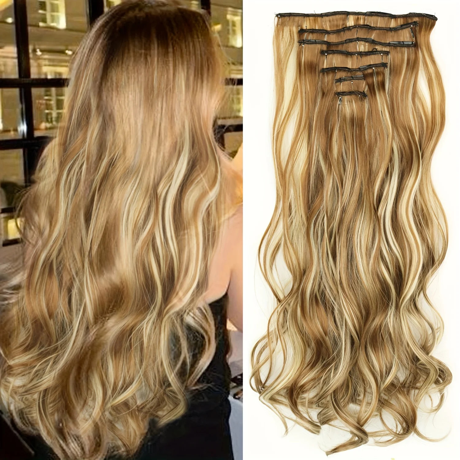 Long Straight 16 Clips 7Pcs Hair Extensions Heat Resistant Blonde Black