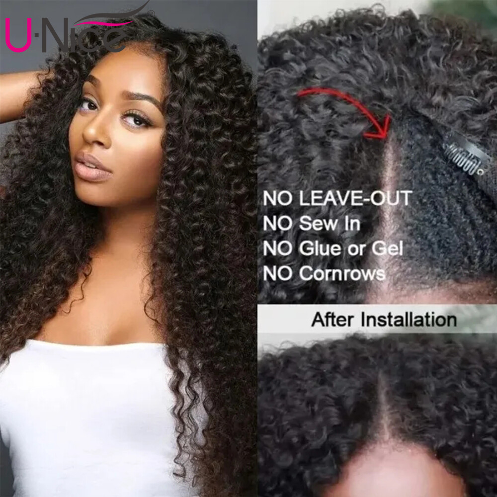 UNice Cambodian Kinky Curly V Part Lace Wigs Human Hair for Black Women Glueless