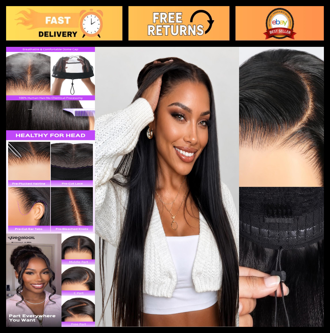 13×6 Lace Front Wig 220% Density Straight Human Hair Pre-Plucked 26″ HD Frontal