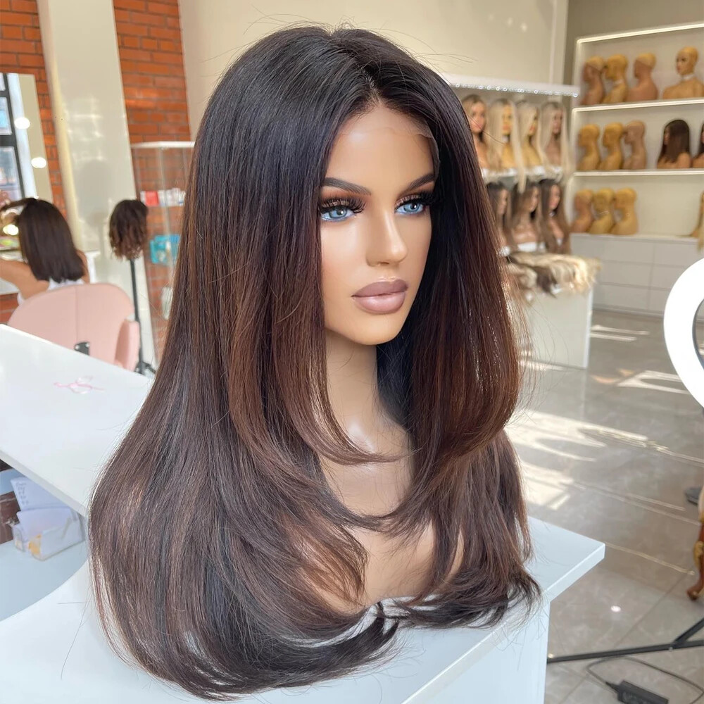 Highlights Chocolate Brown Human Hair 5.5X4.5 PU Silk Base Wigs 4×4 Lace Closure