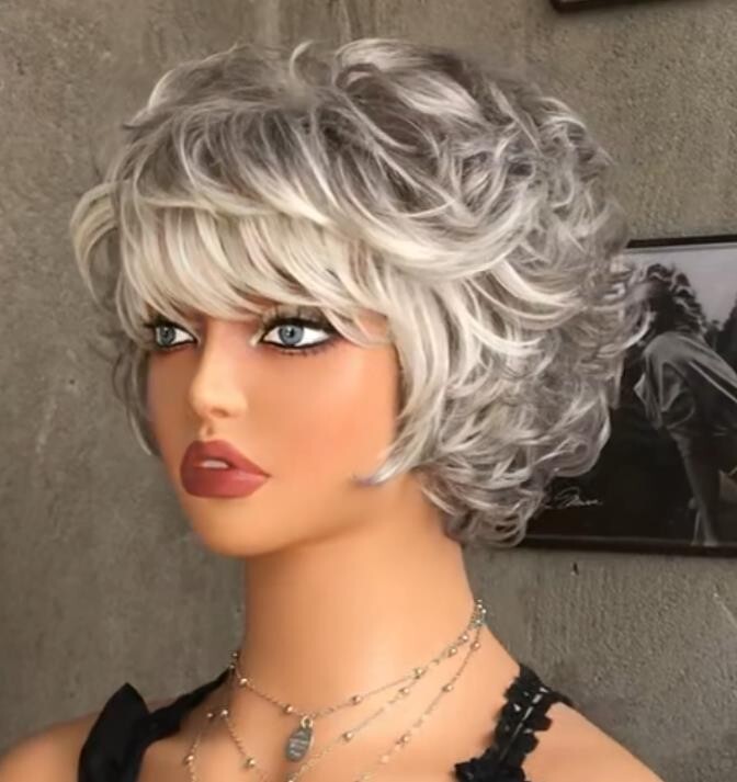 Woman Short Wavy Hair Wig Wigs Middle Aged Women Women Granny Grey Wig