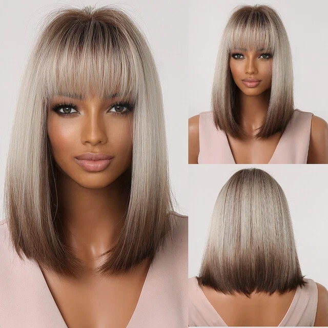 Brown Ash Blonde Ombre Bob Wigs for Women Cosplay Wig with Bangs Dark Roots Natu