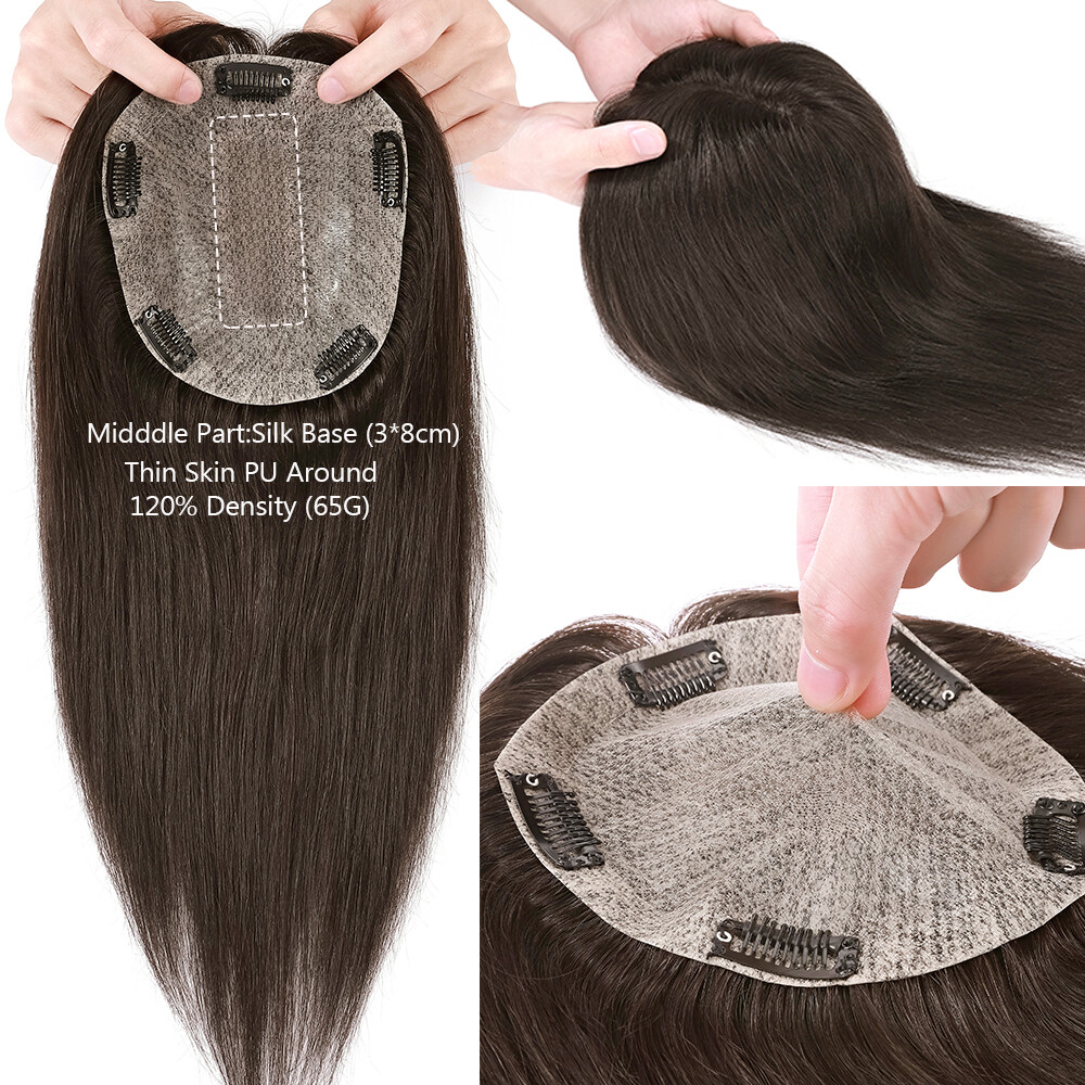Silk Base 100%Human Hair Topper Clip in Hairpiece Wig Toupee Top Piece Side Part