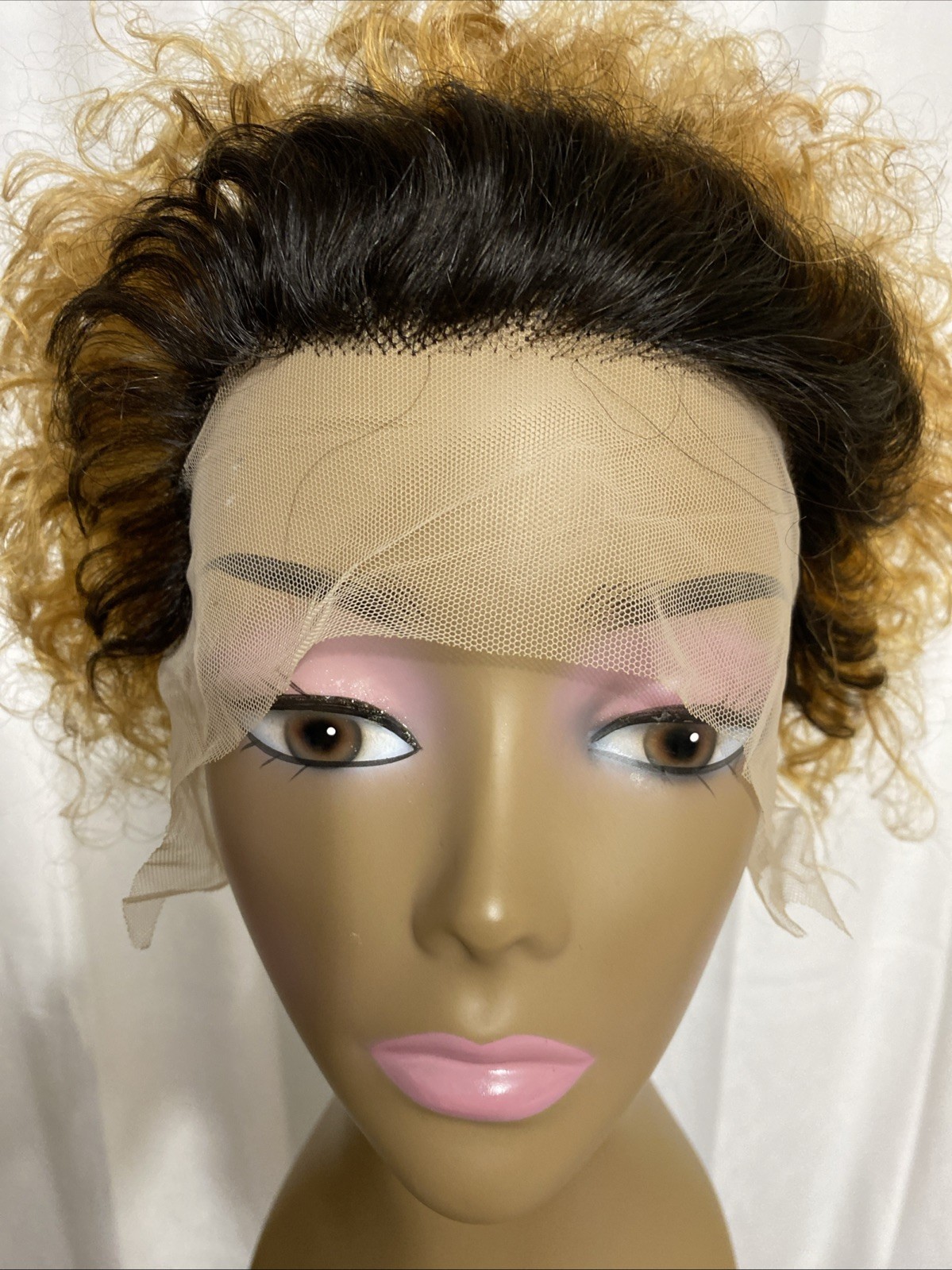 Lace Front Wig Honey Blonde Ombre Short Curly Human Hair Pixie Cut Bob 1B/27